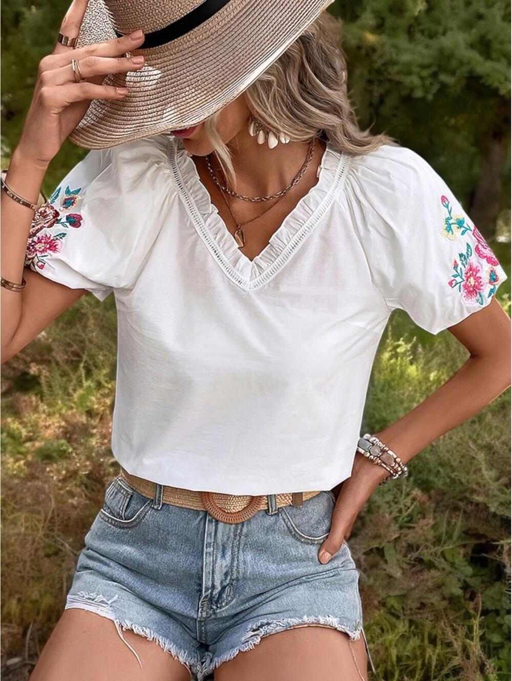 Anna-Kaci Women's V-Neck Embroidered Puff Sleeve Top Women’s Size M NWOT - Picture 10 of 11